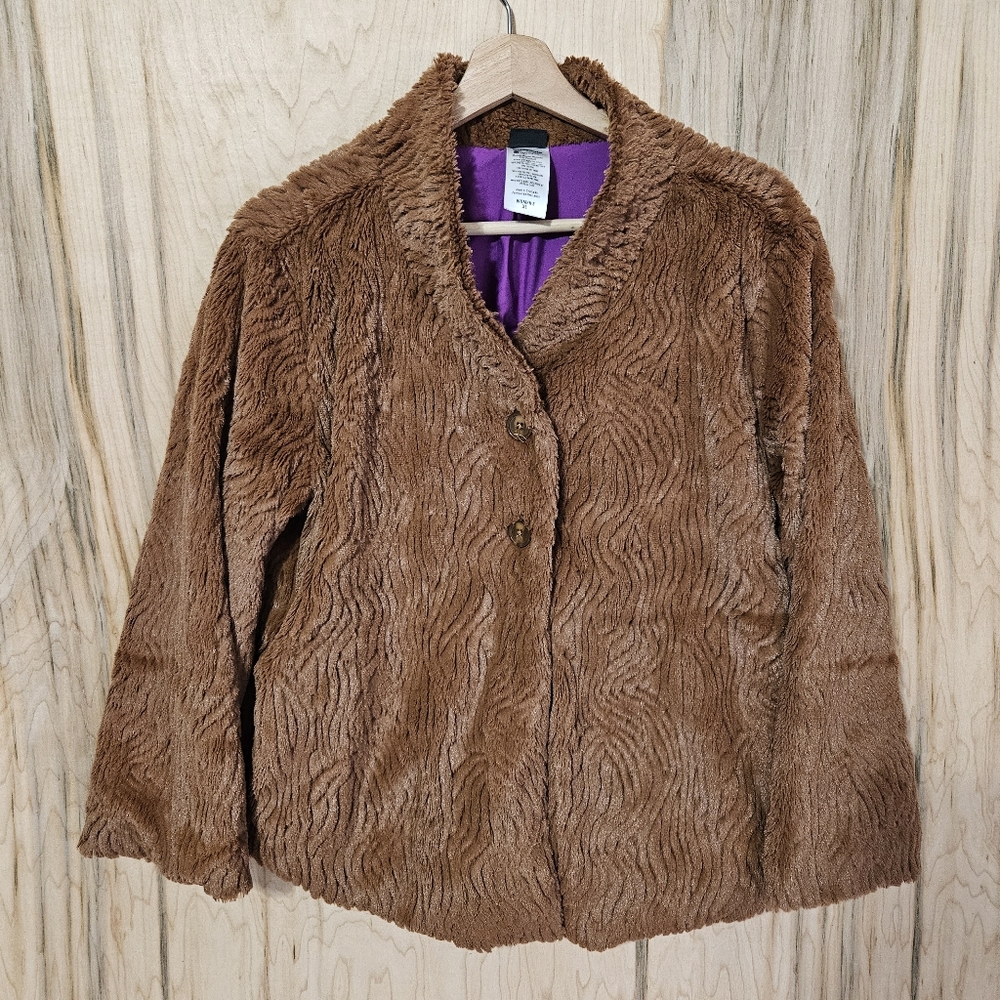 Patagonia Womens Size XL  Brown Pelage Plush Faux Fur 2 Button Lined Jacket
